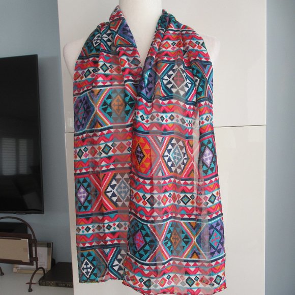 Southwestern Print Scarf Rectangular 58" x 13" Multicolor, Hand Rolled Hem NEW - Picture 1 of 7